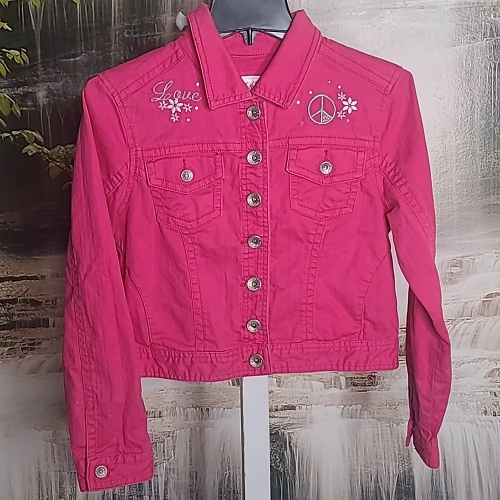Justice Girls 14 hot pink denim jean jacket sparkly fun embroidered Love